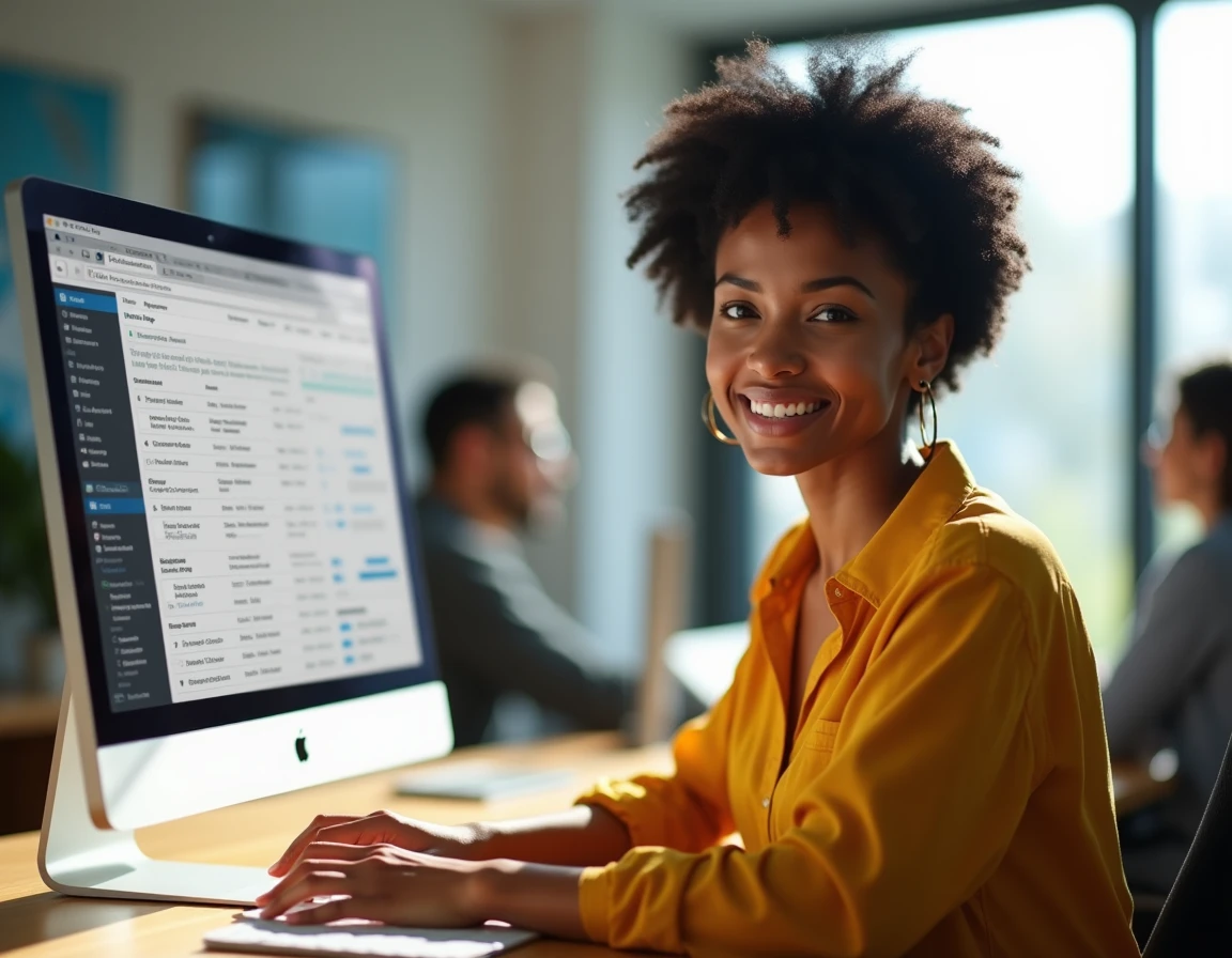 Une femme consulte le site 1337x sur son ordinateur dans un espace de travail partagé lumineux