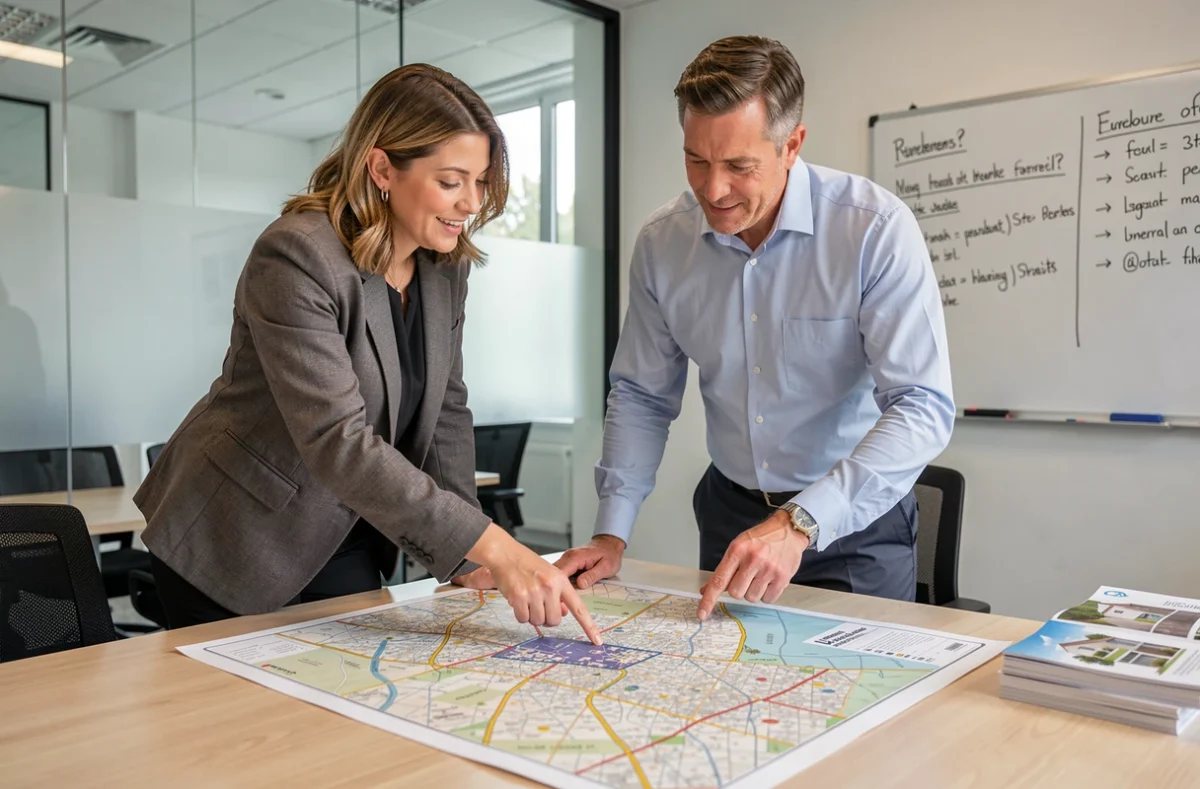 Deux agents immobiliers analysant un plan cadastral urbain en réunion pour comprendre un marché local