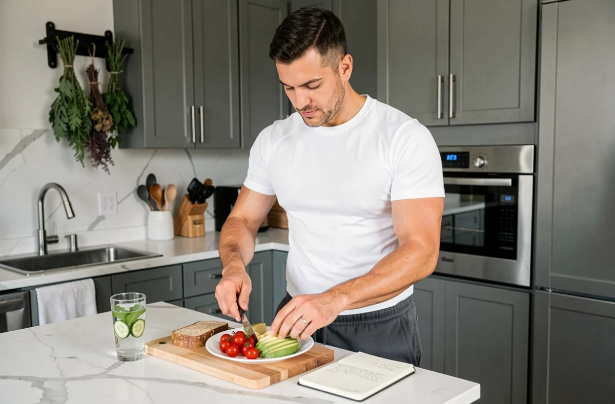 Homme préparant un petit-déjeuner sain et équilibré dans une cuisine moderne, symbolisant une alimentation saine pour la santé quotidienne