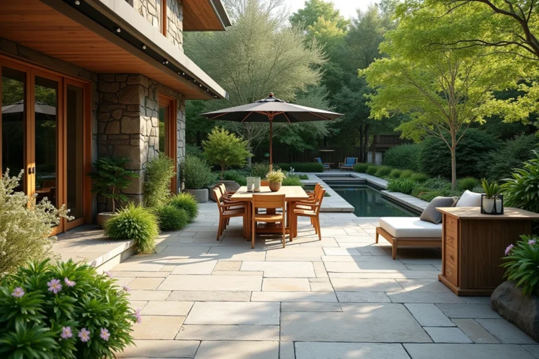 Vue grand angle d'un espace extérieur résidentiel aménagé de façon harmonieuse avec terrasse en pierre, mobilier en bois, végétation dense et point d'eau intégré