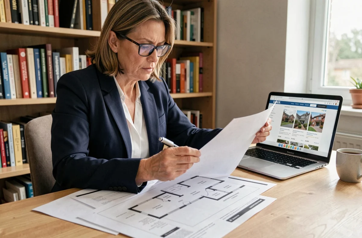 Professionnelle analysant des documents immobiliers dans un bureau, avec plans et listings sur le bureau
