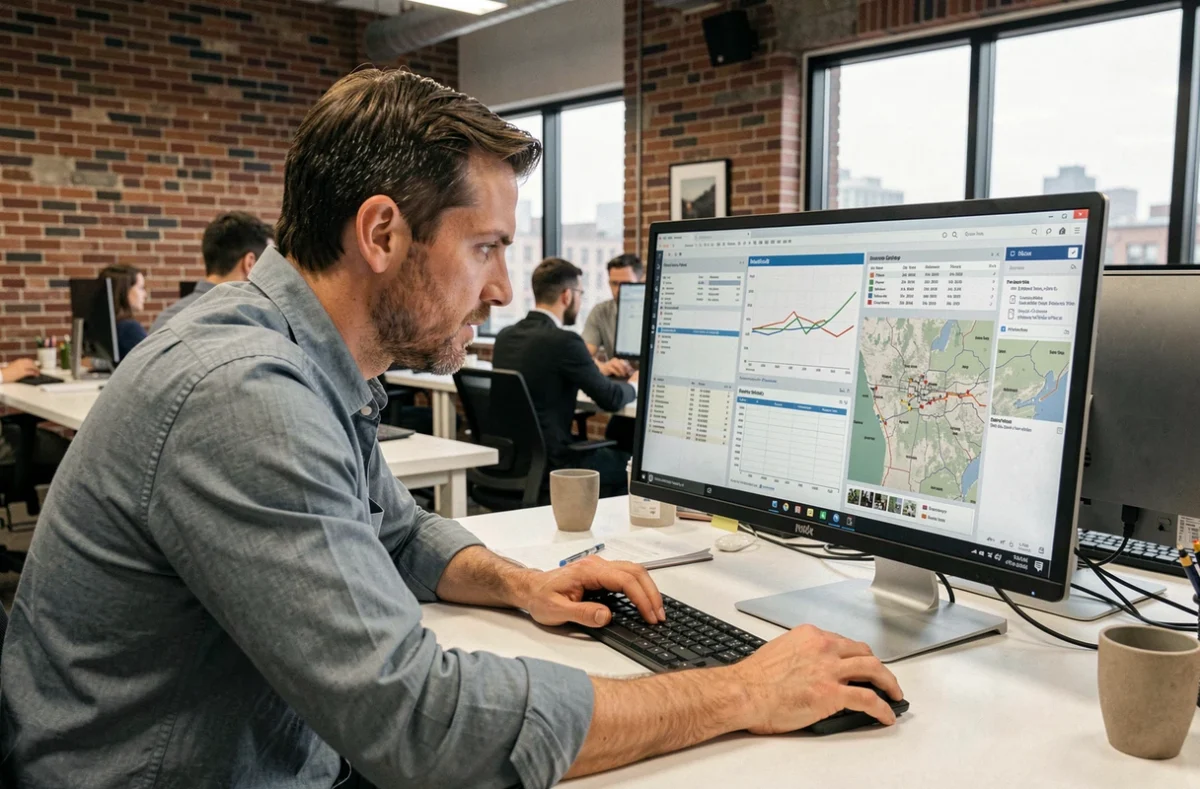 Analyste immobilier consultant des données de marché local sur un grand écran dans un espace de coworking