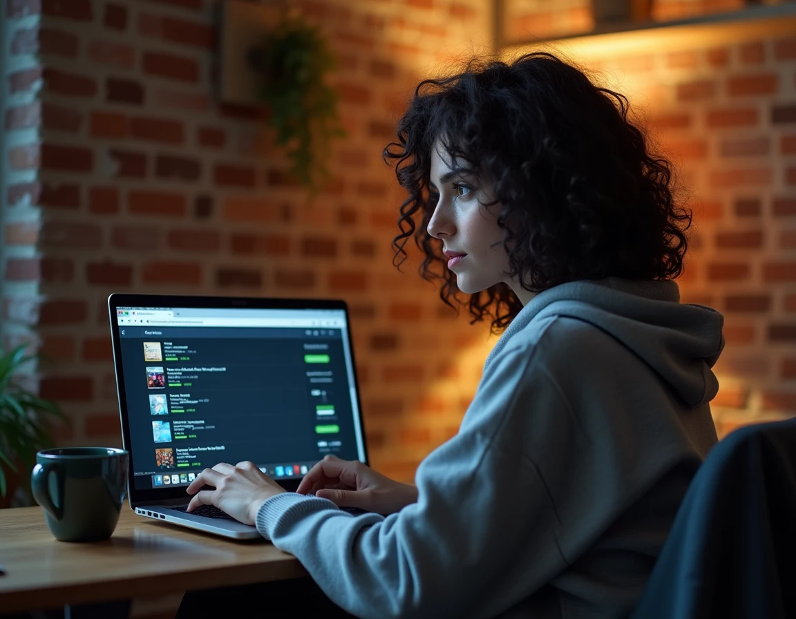 Une femme navigue sur le site Annuaire-Torrent.com depuis son appartement avec un laptop
