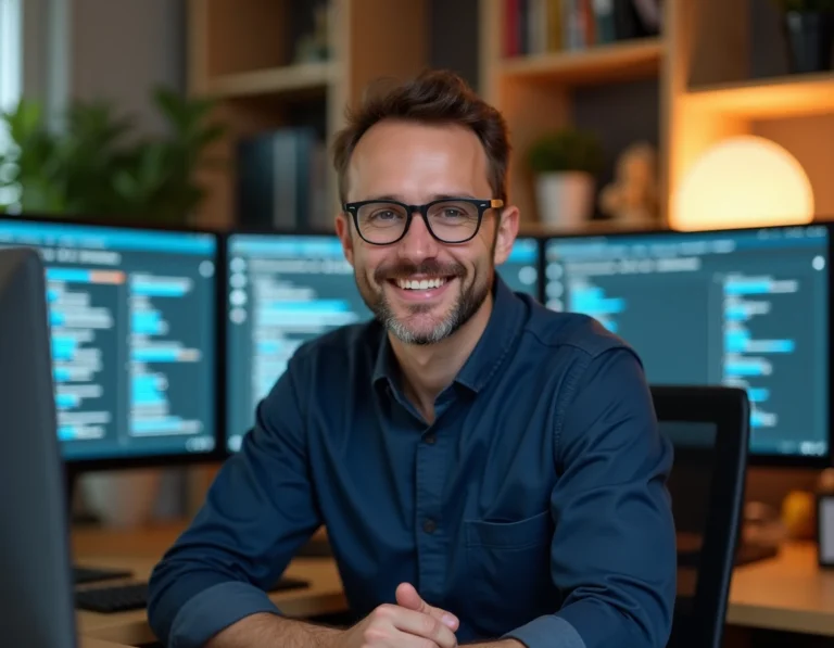 Un homme consulte plusieurs annuaires de téléchargement sur ses écrans dans un bureau moderne et organisé