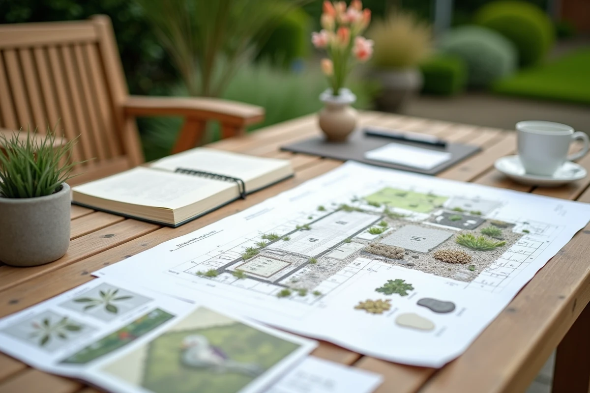 Personne planifiant l'entretien d'un jardin résidentiel dès la conception avec plans de plantation, échantillons de matériaux et notes manuscrites sur une table en bois extérieure