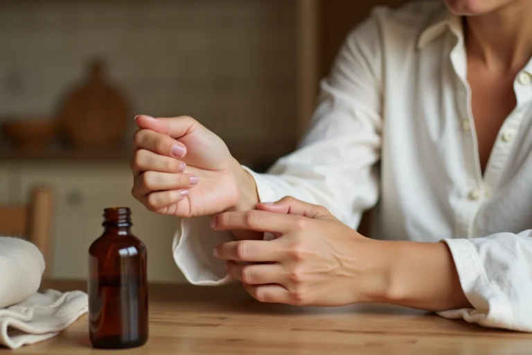 Femme appliquant de l'huile de ricin sur un lipome de l'avant-bras avec un massage circulaire doux, bouteille d'huile ambrée posée sur une table en bois
