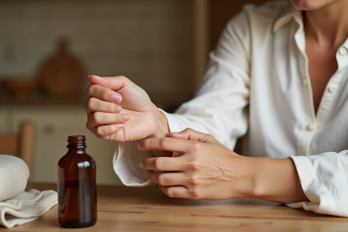 Femme appliquant de l'huile de ricin sur un lipome de l'avant-bras avec un massage circulaire doux, bouteille d'huile ambrée posée sur une table en bois