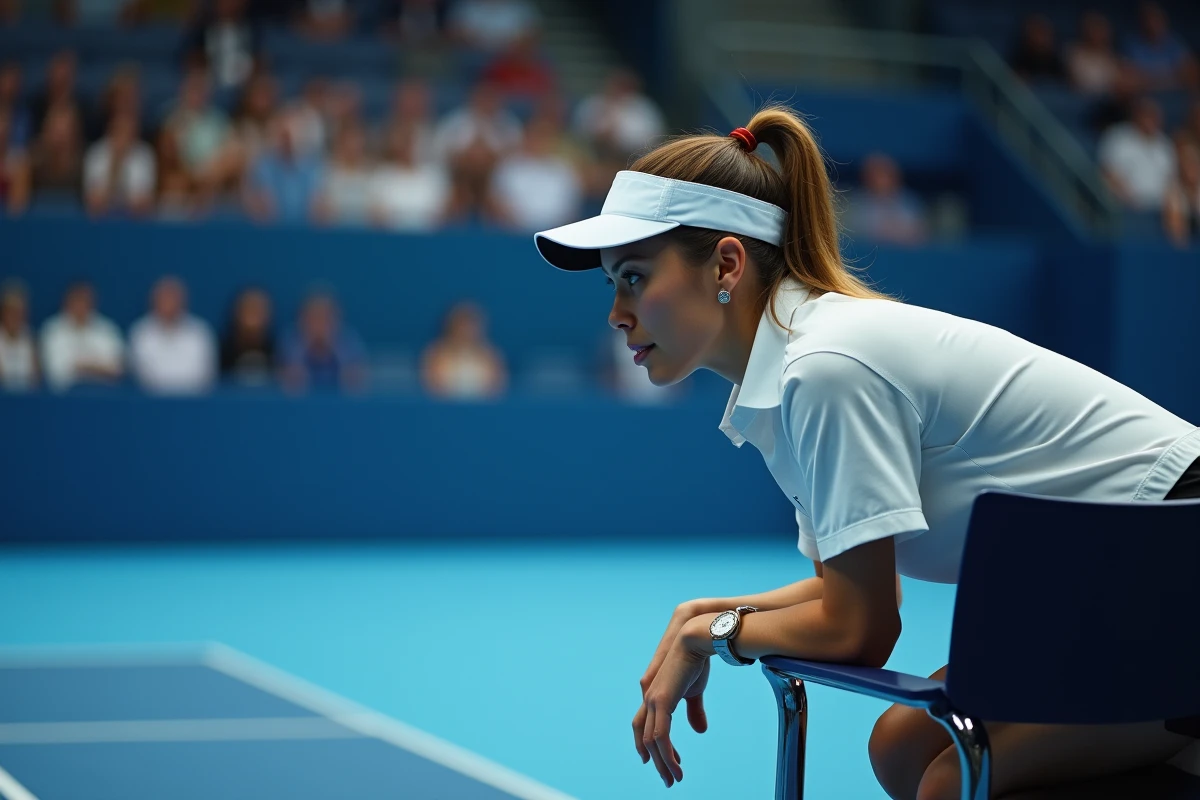 Juge-arbitre de tennis sur sa chaise surveillant une demande de contrôle de marque sur court dur