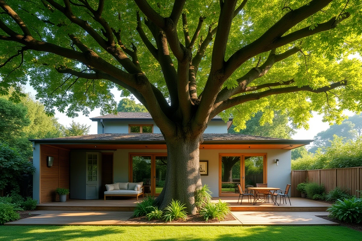 Grand arbre caduc planté côté sud d'une maison résidentielle projetant une ombre naturelle sur la terrasse et le mobilier de jardin en été