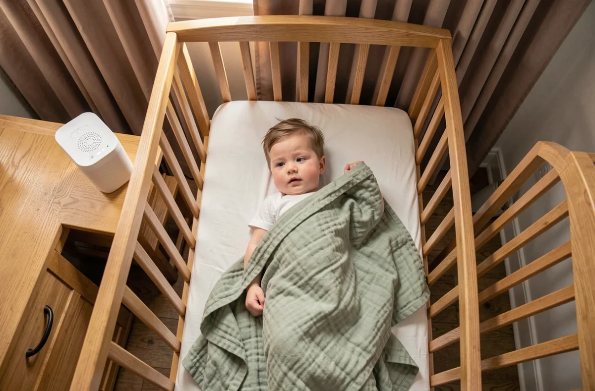 Bébé de 14 mois allongé dans son lit en bois avec une expression somnolente et agitée