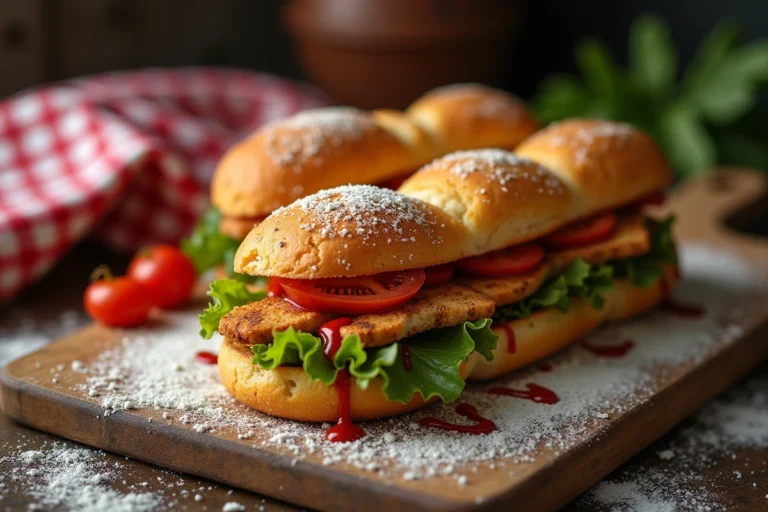 Bokit antillais traditionnel garni de poisson grillé, salade et sauce piquante sur une planche en bois dans un stand de rue guadeloupéen