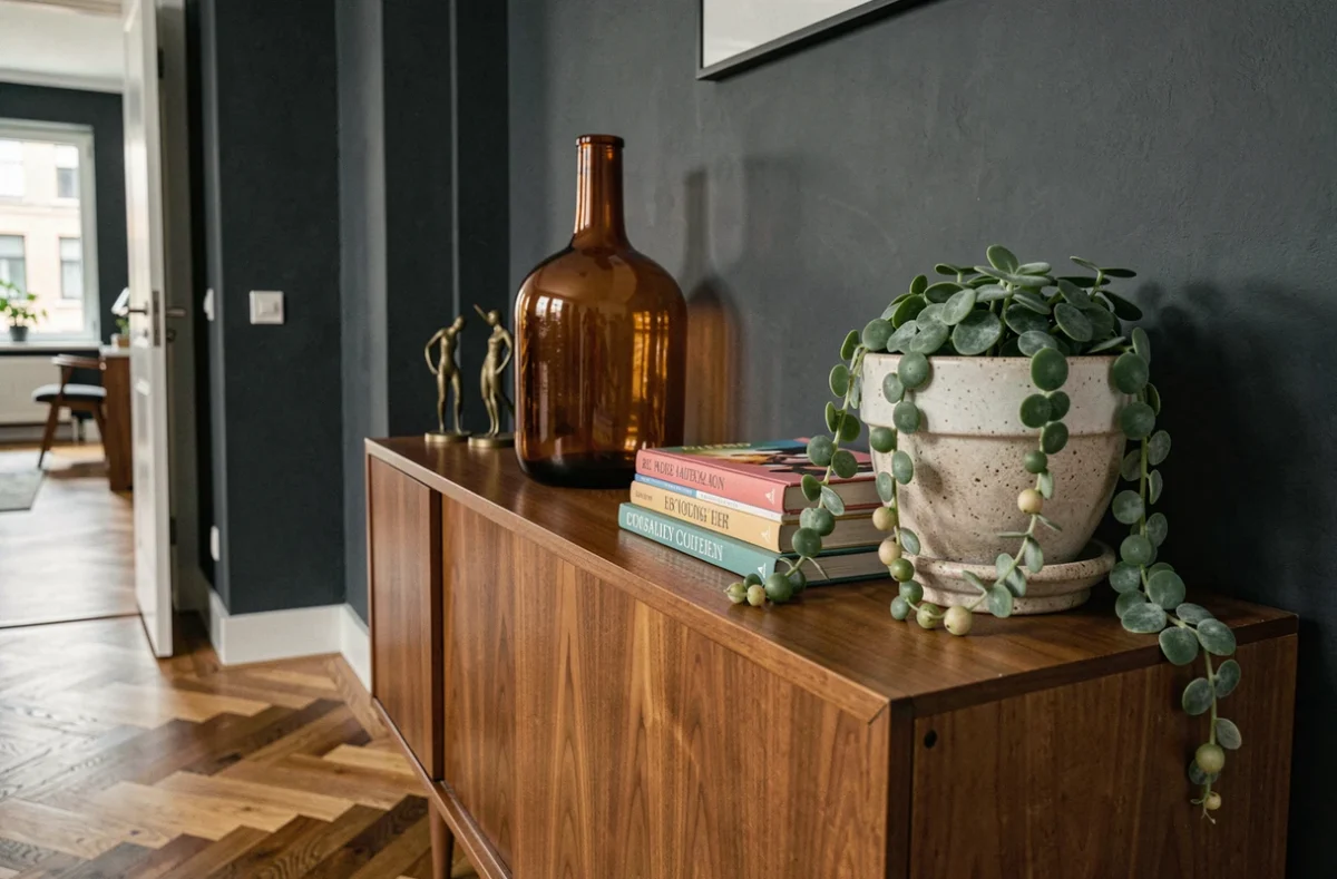 Buffet style mid-century décoré d'objets originaux incluant une bouteille en verre soufflé ambré, des figurines en laiton et une plante succulente dans un appartement urbain