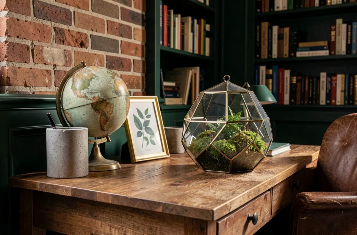 Bureau à domicile décoré d'objets originaux : porte-stylos en béton sculpté, globe vintage en laiton et terrarium en verre géométrique avec mousse