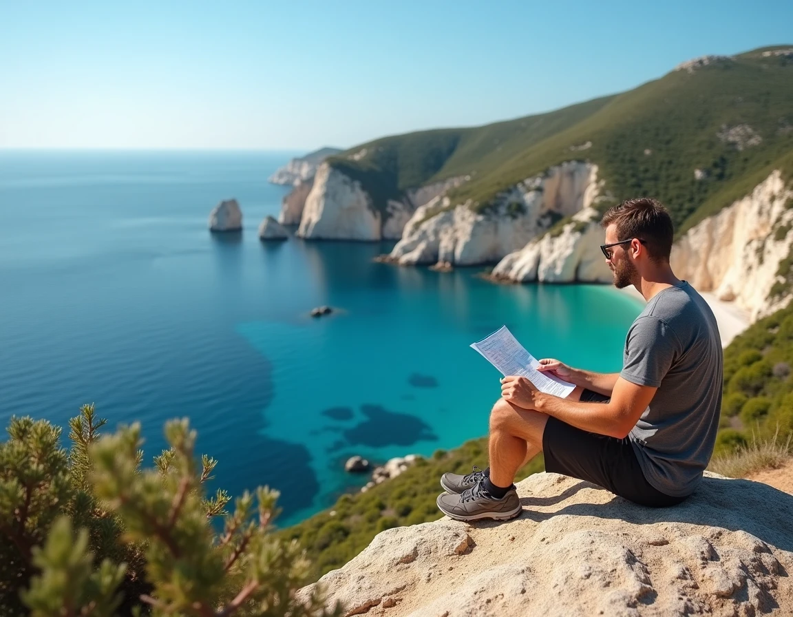 Randonneur consultant une carte face aux Calanques de Marseille dans le 9ème arrondissement