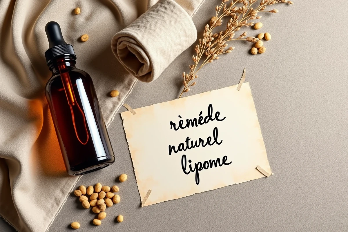 Vue de dessus d'une composition naturelle avec flacon d'huile de ricin, compresse en flanelle et graines de ricin pour traitement naturel du lipome