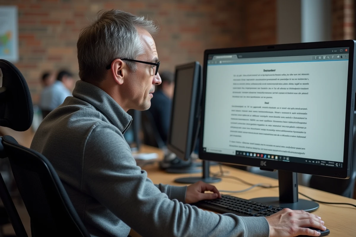 Entrepreneur consultant consultant les mentions légales d'un site internet sur un écran d'ordinateur dans un espace de coworking