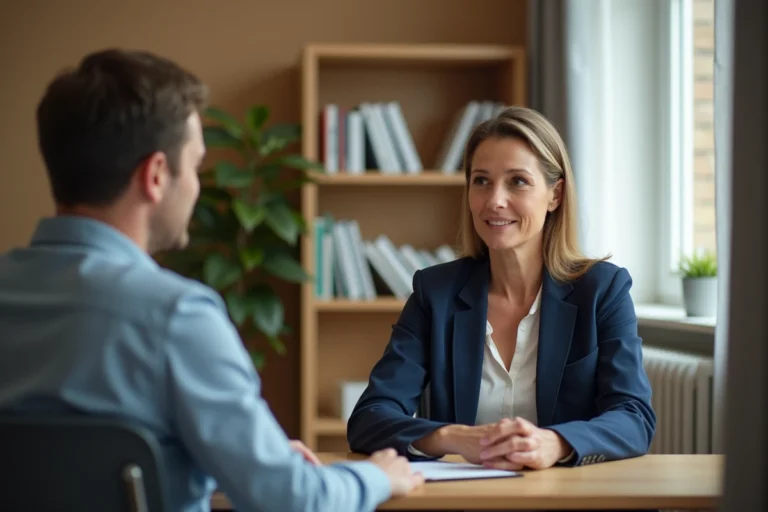 Orthophoniste en consultation avec un patient adulte dans son cabinet professionnel