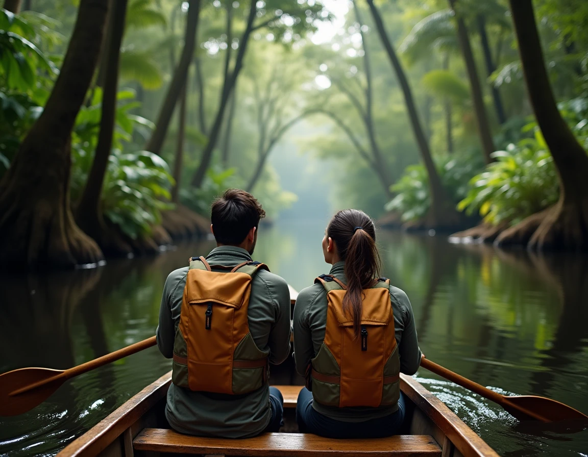 Couple de voyageurs pagayant en canoë sur une rivière amazonienne encadrée de végétation tropicale dense, aventure nature et voyage alternatif écoresponsable