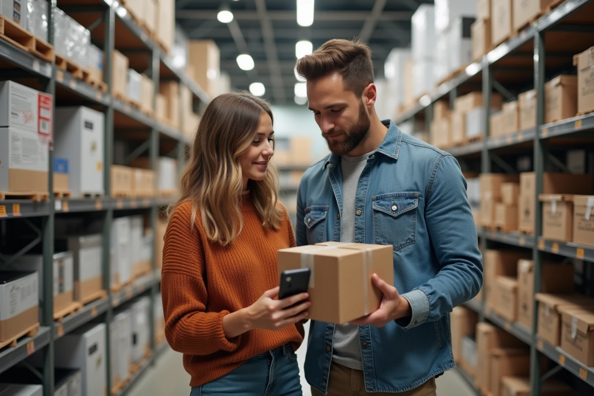 Couple comparant des équipements électroménagers dans un magasin de bricolage en consultant des avis en ligne