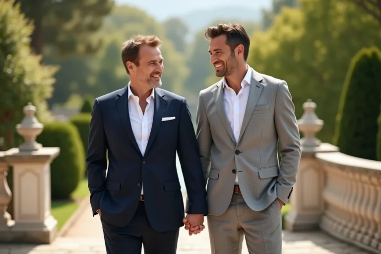 Deux hommes souriants dans un jardin français élégant