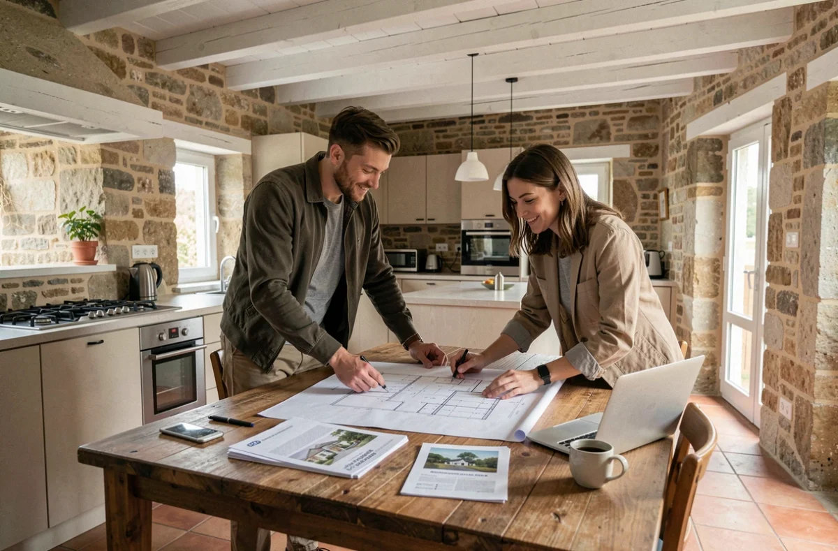Jeune couple examinant des plans de rénovation dans une maison de campagne française rénovée avec des murs en pierre apparente