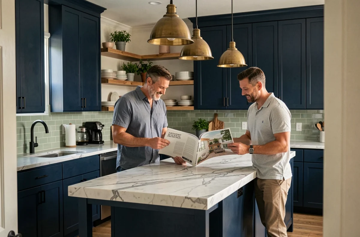 Couple discutant d'un projet de rénovation de cuisine moderne avec des armoires bleu marine et un plan de travail en pierre Calacatta