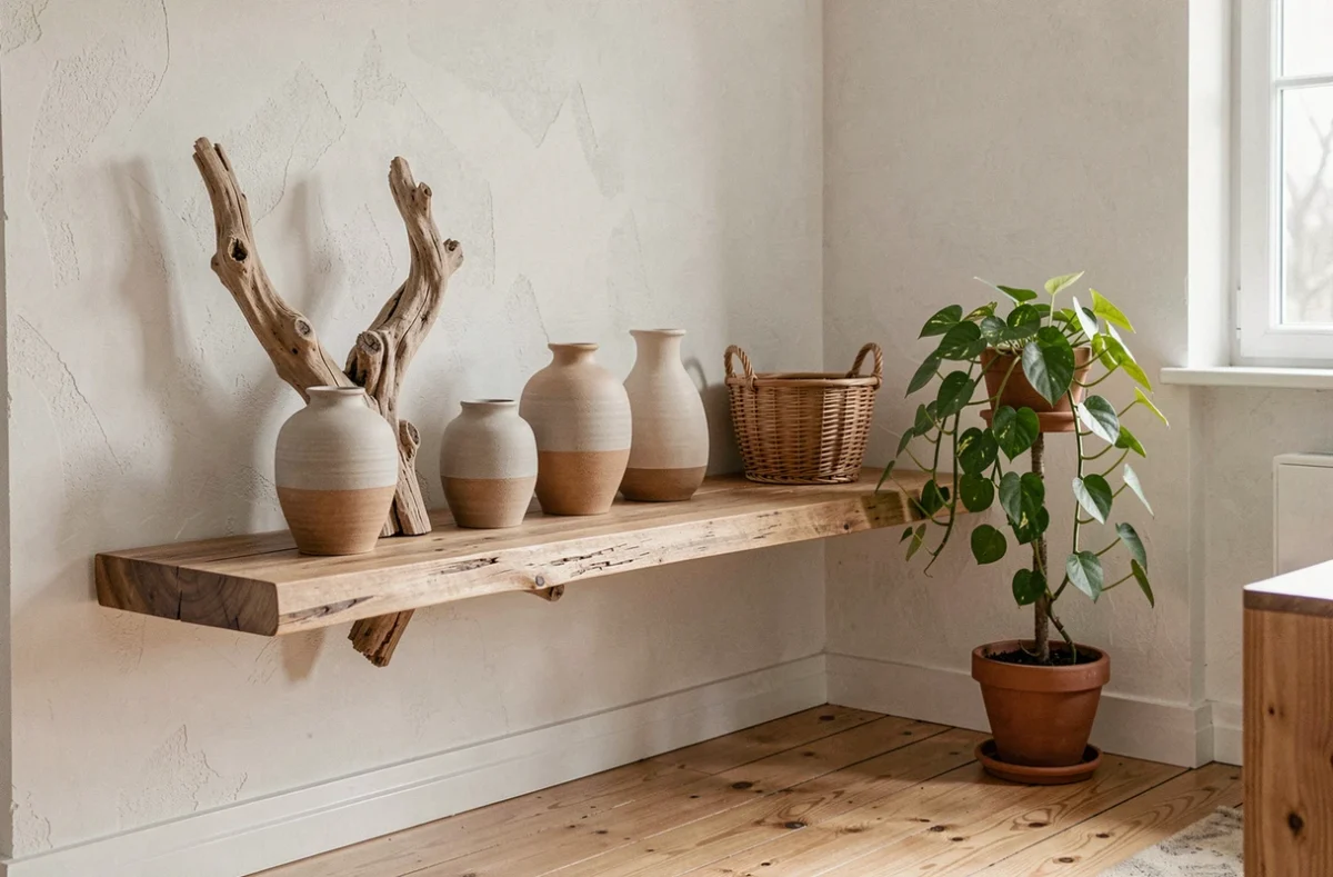 Étagère en chêne brut décorée de vases en céramique artisanaux, d'une sculpture en bois flotté et d'un panier en rotin dans un salon scandinave