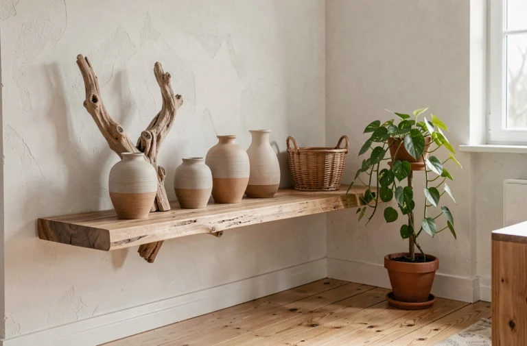 Étagère en chêne brut décorée de vases en céramique artisanaux, d'une sculpture en bois flotté et d'un panier en rotin dans un salon scandinave