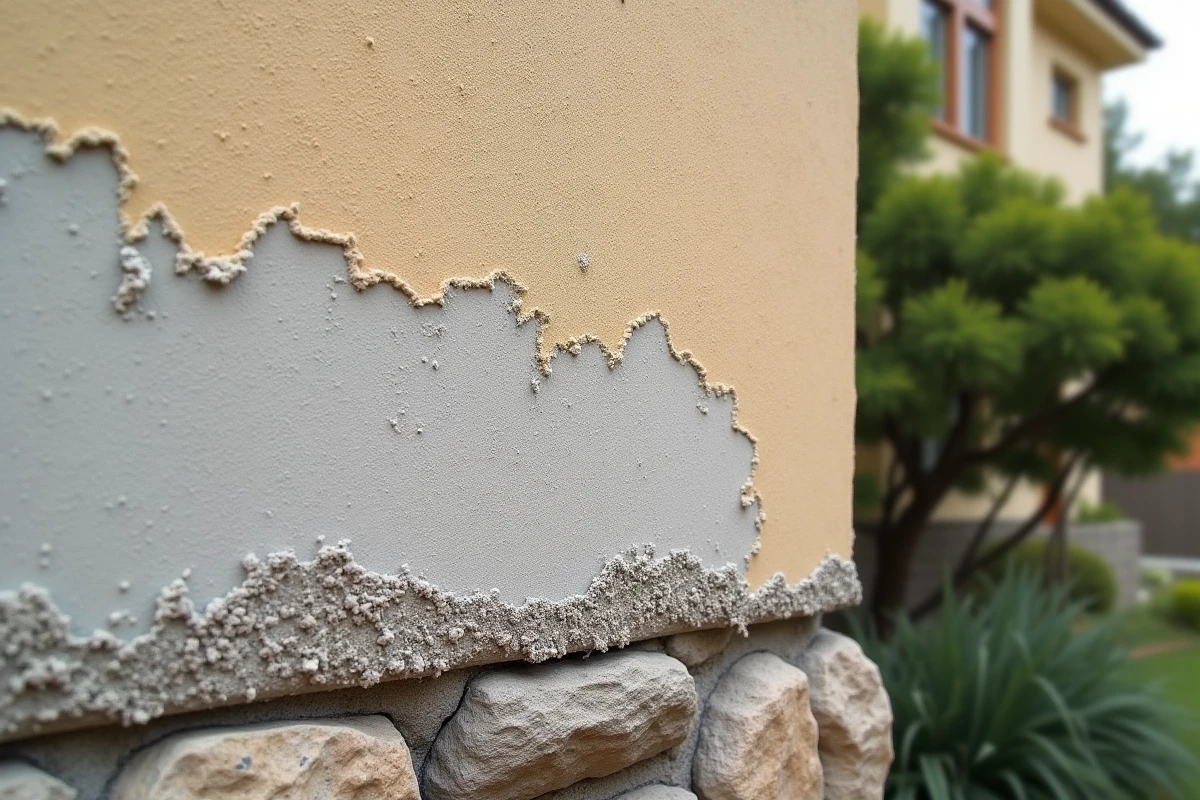 Détail de surface d'enduit de façade partiellement grattée montrant la texture granuleuse et les traces de grattage