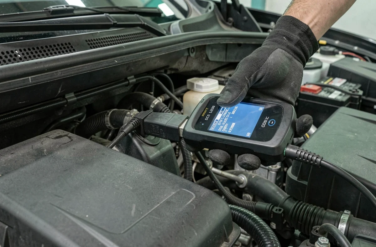 Outil de diagnostic OBD branché sur une Renault pour lire et effacer le code défaut 1525f3 après vidange