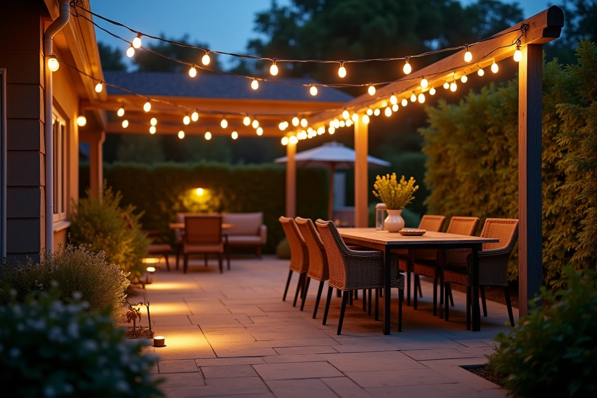 Terrasse résidentielle au crépuscule avec éclairage extérieur en couches : bornes basses, luminaires de chemin et guirlandes lumineuses au-dessus de la table