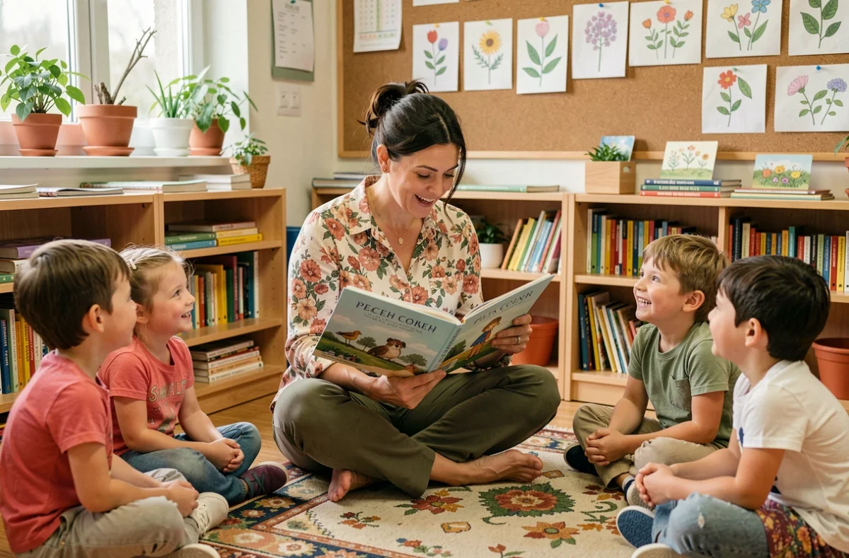 Enseignante lisant un livre de littérature jeunesse à ses élèves dans un coin lecture décoré de plantes, ambiance éducative et bienveillante
