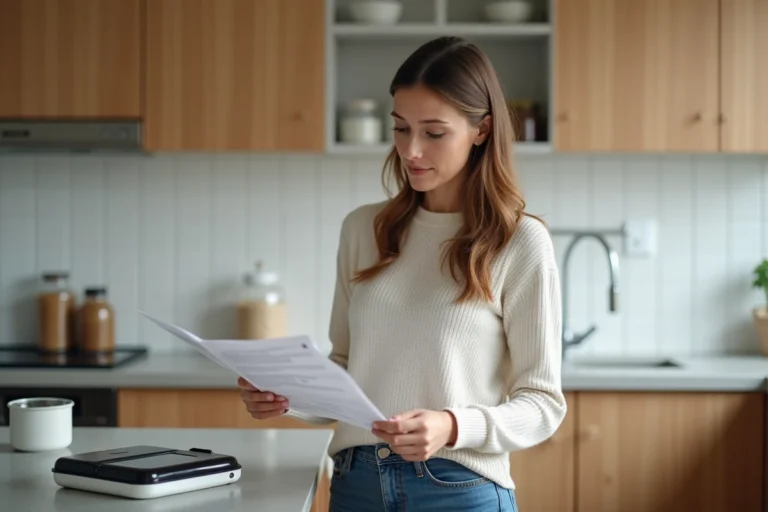 Femme en jeans lisant manuel pour assembleur un scelleur alimentaire