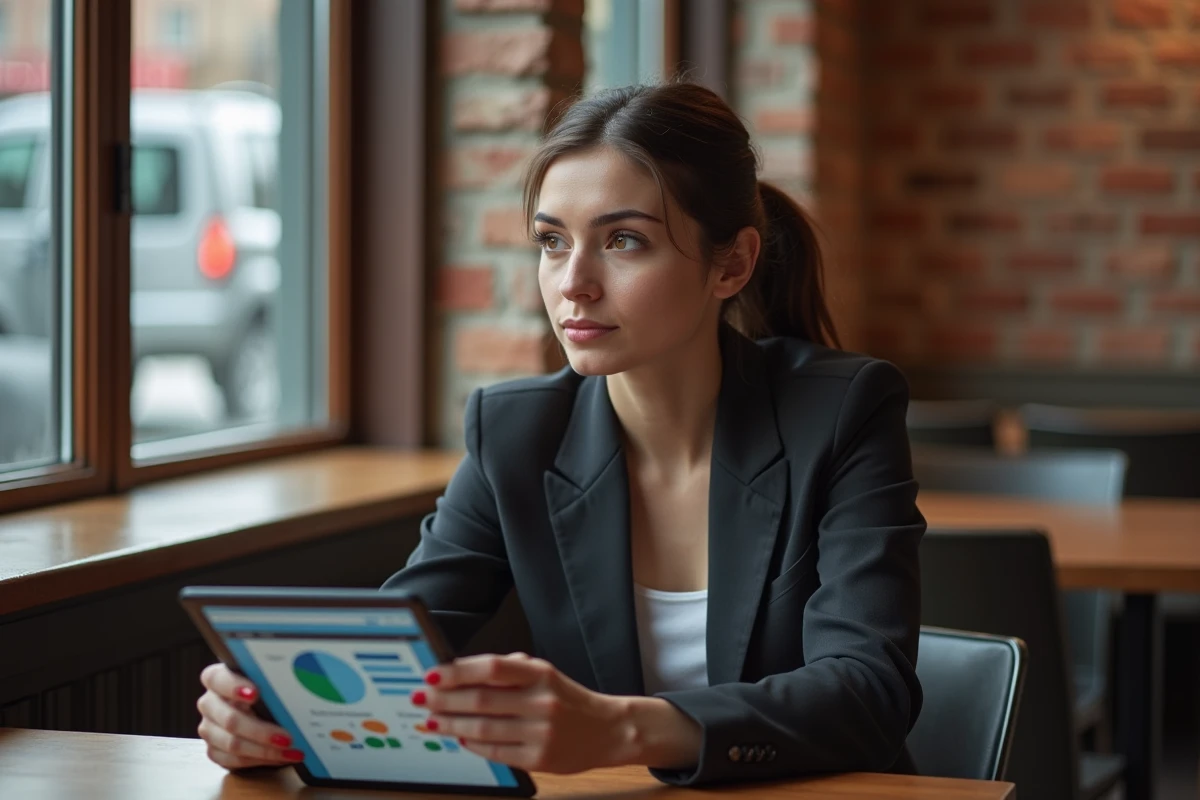 Femme en réflexion dans un café avec une tablette