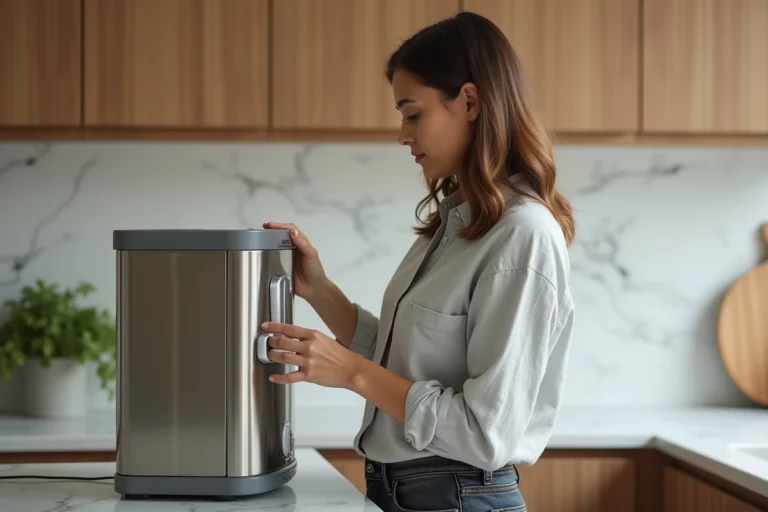 Femme choisissant un équipement électroménager dans une cuisine moderne aux plans de travail en marbre blanc