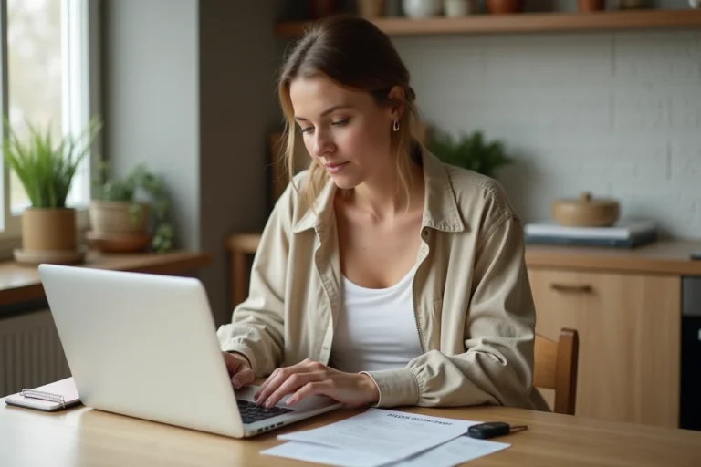 Femme consultant des documents d'assurance auto sur un ordinateur portable pour comprendre le bonus petit rouleur MAIF