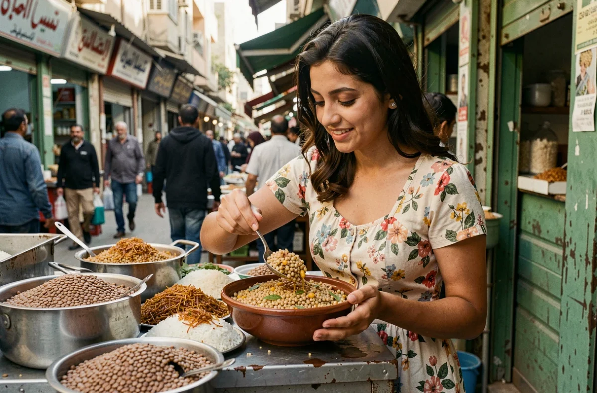 Femme égyptienne servant un bol de koshari traditionnel dans un stand de rue animé au Caire avec lentilles, riz et oignons frits