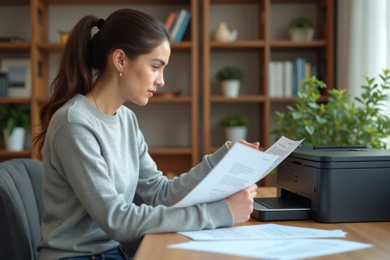 Jeune femme compare deux documents dans un cadre cosy