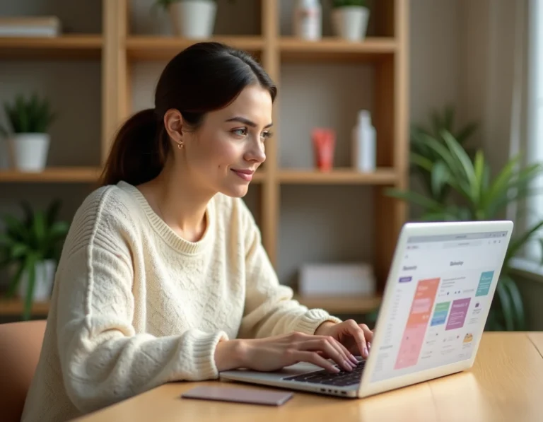 Jeune femme naviguant sur un site de beauté via un plan du site sur son ordinateur portable dans un bureau cosy