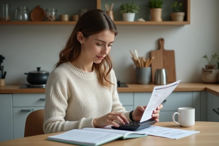 Femme en cuisine examine un rapport médical et utilise une calculatrice