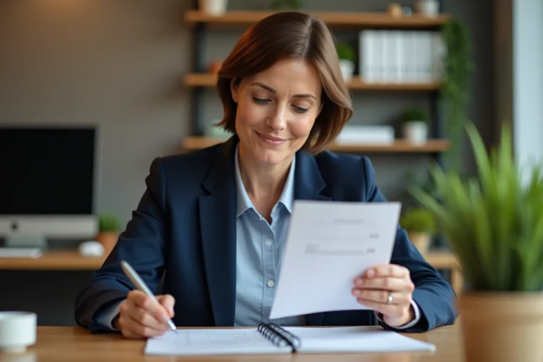 Femme d'affaires examine sa fiche de paie dans un bureau