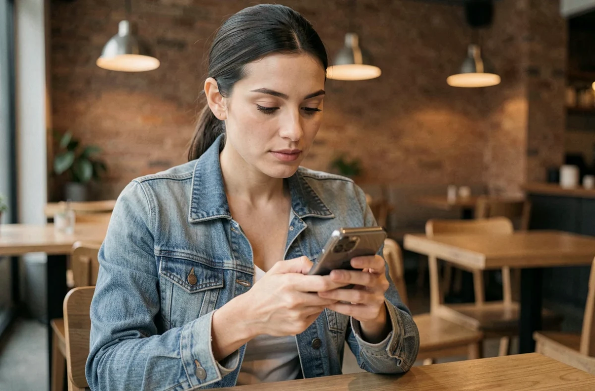 Femme consultant son smartphone dans un café pour retrouver l'adresse mise à jour de Nokraf