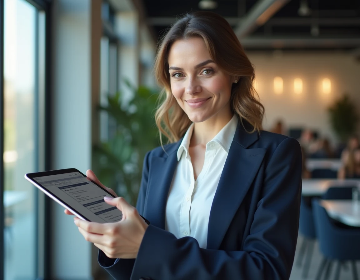 Femme professionnelle consultant un plan de navigation de site beauté sur une tablette dans un espace de coworking moderne