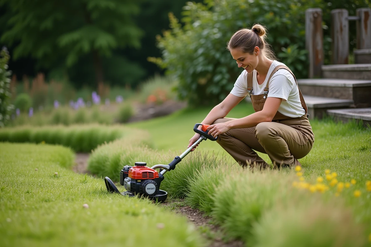 Femme en overalls taillant une bordure de jardin