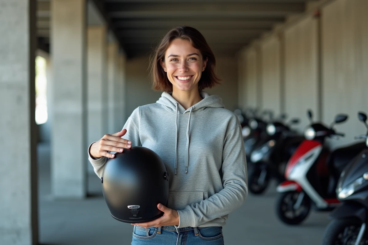 Jeune femme pointant un casque moto dans un garage urbain