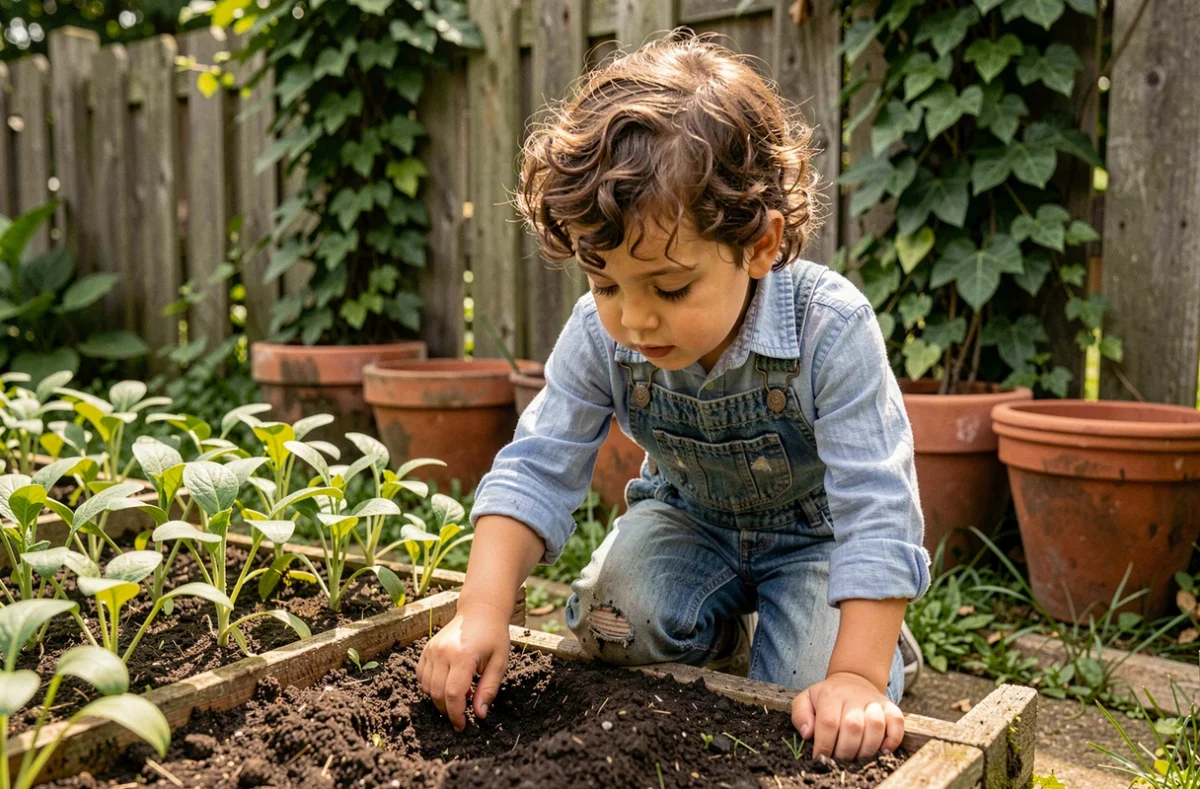 Jeune garçon aux pouces verts plantant des graines dans un jardin verdoyant, illustration de Tistou les pouces verts