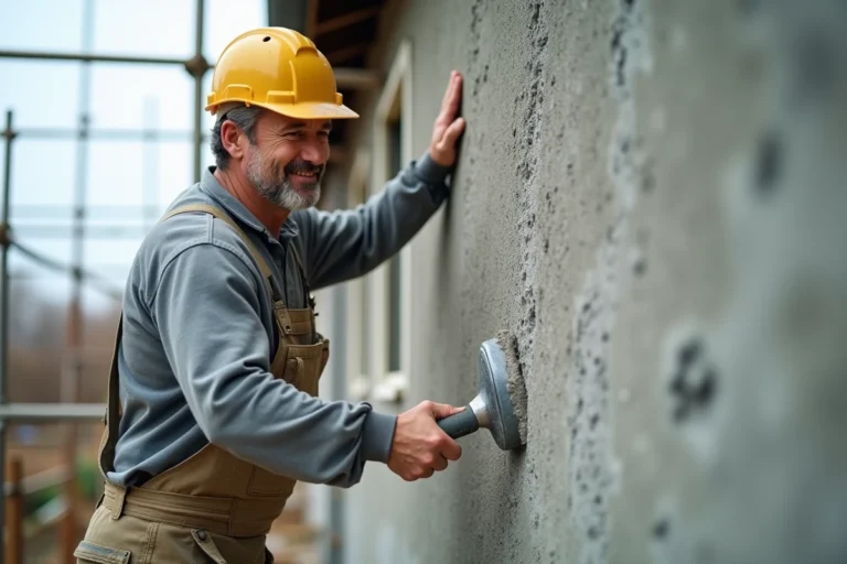 Ouvrier grattant un enduit de façade avec une taloche métallique pour obtenir une surface homogène
