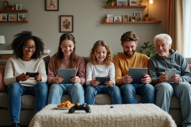 Groupe diversifié d'âges utilisant des tablettes à la maison