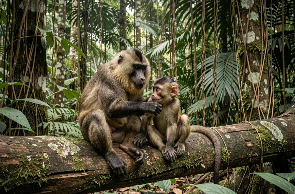 Groupe de mandrills en interaction sociale — mâle dominant, femelle et juvénile — se reposant sur un tronc d'arbre en forêt tropicale