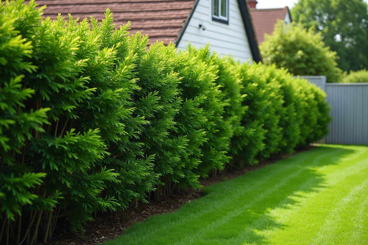 Haie naturelle de charmes et d'arbustes indigènes servant de brise-soleil dans un jardin résidentiel en alternative aux brise-vues synthétiques